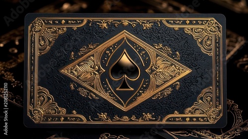 black and gold ornate playing card back with embossed spade emblem, decorative filigree, diamond frame and textured leather-like surface, elegant luxurious mood