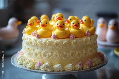Round buttercream cake topped with a ring of yellow rubber duck toys and pink rosette icing, playful joyful celebration centerpiece on a white cake stand