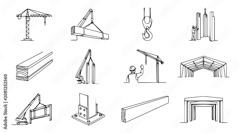 Foto Construction Elements: Cranes, Beams, Structures, and Workers - Line Art Collage