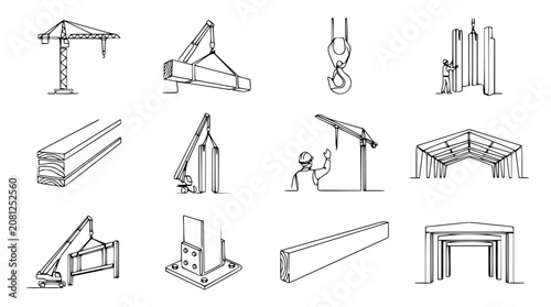 Quadro su tela Construction Elements: Cranes, Beams, Structures, and Workers - Line Art Collage