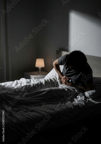Person Suffering In Bed With Dim Lighting And Shadows