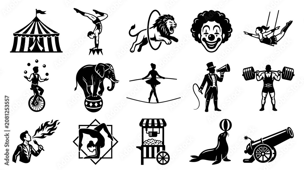 Obraz premium Black and White Circus Icons Set: Tent, Performers, Animals, and Props