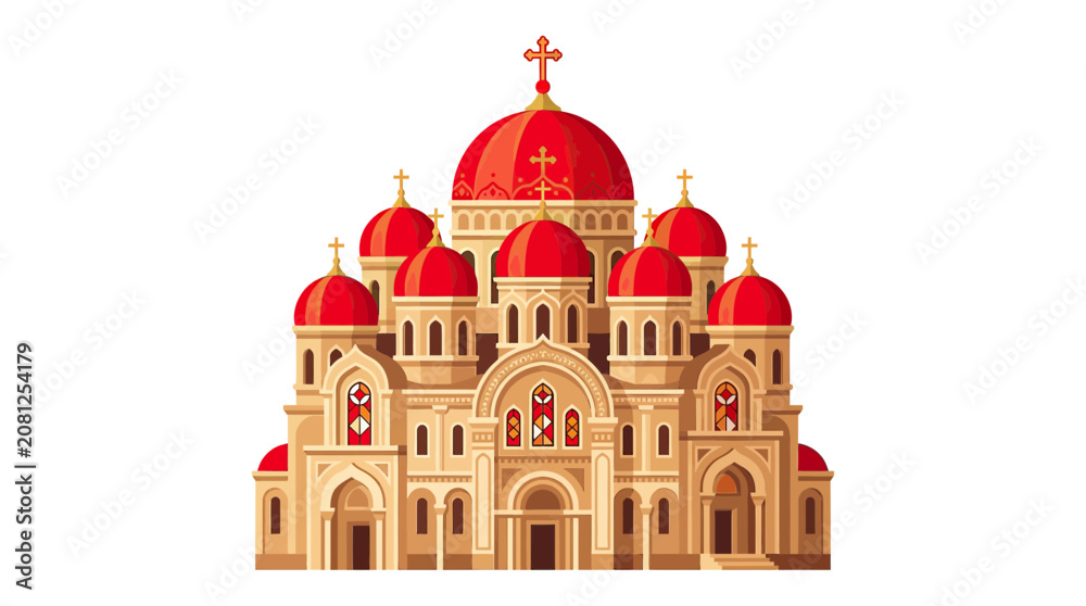 Fototapeta premium Orthodox Church Building with Red Domes and Crosses, Religious Architecture