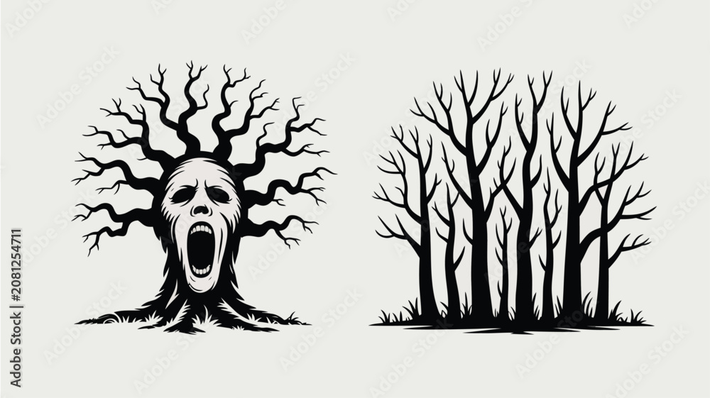 Fototapeta premium Spooky bare tree with a screaming face and a silhouette forest of similar trees