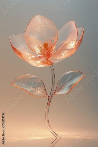 translucent glass flower sculpture with glowing peach petals, detailed stamen, two curved leaves and slender stem on a soft neutral background conveying serene delicate elegance