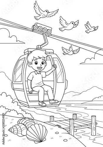 Child riding cable car over scenic beach landscape.
