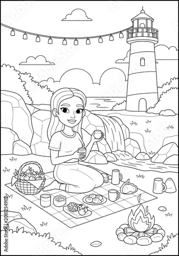 Girl enjoying picnic by lighthouse and waterfall scene.