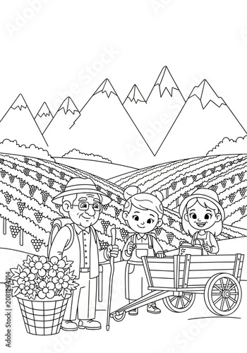Family Harvesting Grapes in Vineyard with Mountain View.