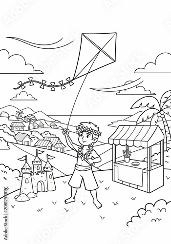 Child flying kite in scenic outdoor park setting.