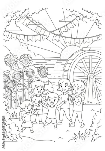 Children playing near a water wheel in a garden.