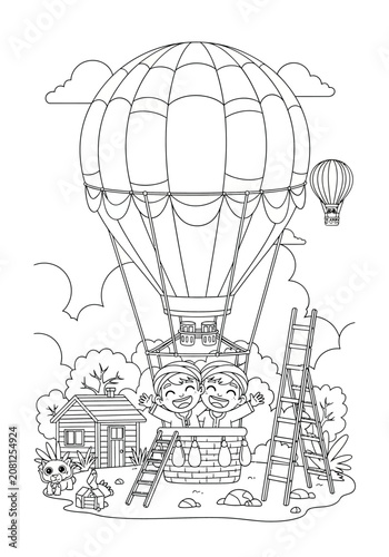 Whimsical hot air balloon with animal passengers illustration.