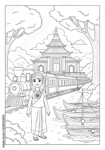 Traditional Asian Temple and Train Scene Illustration.