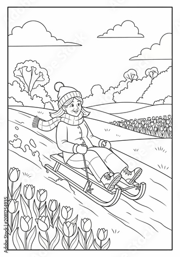 Child sledding down snowy hill with tulips in foreground.