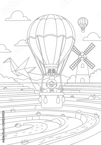 Hot air balloon flying over scenic countryside landscape.