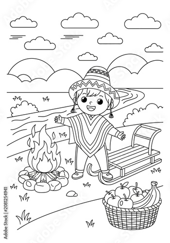Traditional Mexican Child by Campfire with Sled and Fruit Basket.