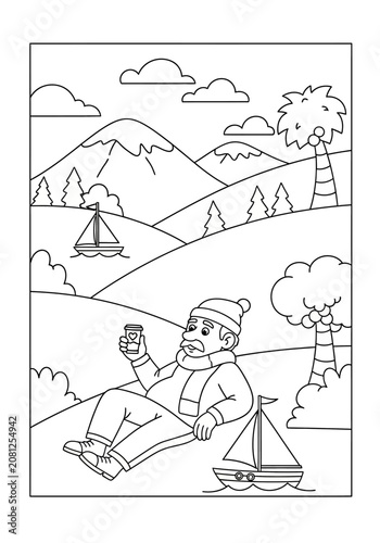 Man relaxing in sailboat on scenic lake with mountains.