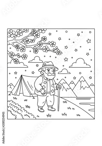 Elderly man hiking with walking stick in nature scene.