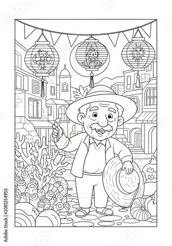 Cheerful man in sombrero holding lanterns in festive setting.