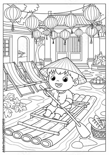Child in Traditional Boat with Asian Lanterns Background.
