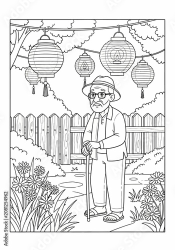 Elderly man walking in garden with lanterns.