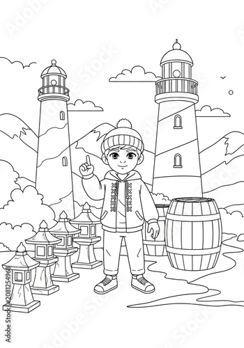 Cartoon boy pointing near lighthouse and lanterns.