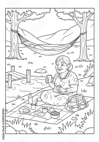 Woman enjoying picnic by the lake in nature.