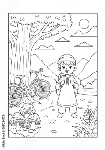 Child standing outdoors with bicycle in nature scene.