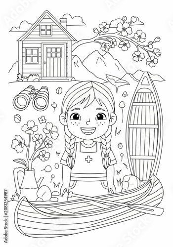 Girl in boat with flowers and house background illustration.