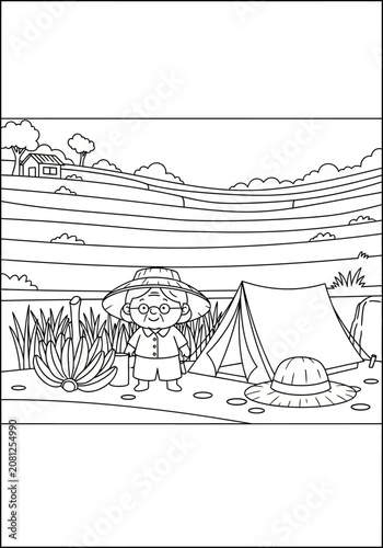 Child camping by tent in nature scene line art.