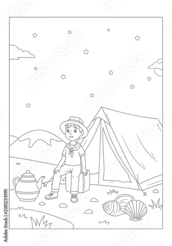 Child camping by tent with teapot and seashells.