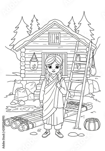Traditional girl standing near rustic wooden cabin in forest.