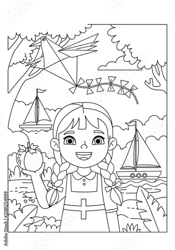 Young girl holding an apple with sailboats and dragon in background.