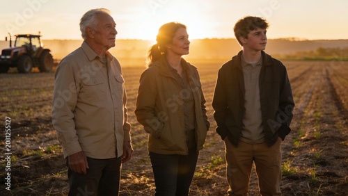 Three generations of a farming family standing in a field at sunset with a tractor in the background for a cinematic rural lifestyle portrait