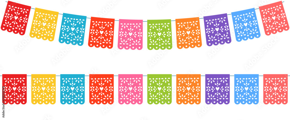 Fototapeta premium Horizontal set of colorful papel picado banners isolated on white background.Mexican perforated paper flags collection. Festive vector illustration.