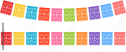 Horizontal set of colorful papel picado banners isolated on white background.Mexican perforated paper flags collection. Festive vector illustration.