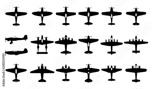 Premium World War II aviation silhouette vector set featuring military fighter aircraft bombers and transport planes for historical and educational infographic design