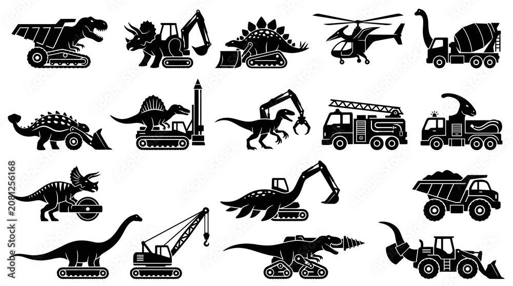 Obraz premium Dinosaur Construction Vehicles and Equipment Silhouette Icons - Black White Vector Set