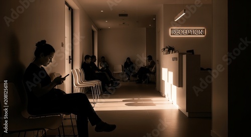 People Waiting In A Reception Area With Natural Light And Shadows
