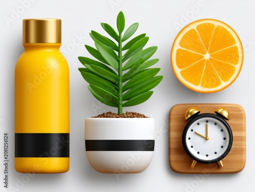 Minimalist Yellow Water Bottle Potted Plant Citrus Slice And Alarm Clock On White Background Flat Lay