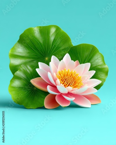 Beautiful Pink Water Lily Flower With Green Leaves On Minimalist Cyan Background