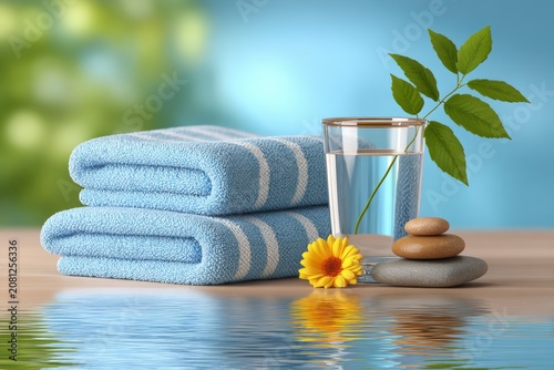 Stack Of Blue Towels With Water Glass And Zen Stones On Wood Table Over Soft Blue Nature Background