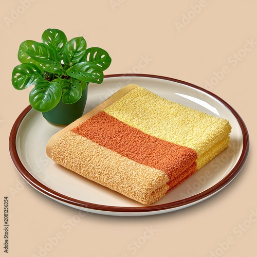 Folded Colorful Kitchen Towel On Ceramic Plate Next To Small Potted Plant On Beige Background