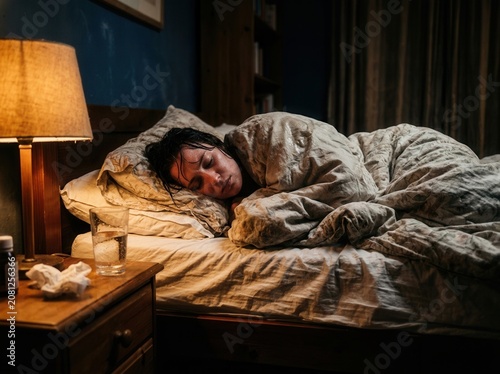 Person Recuperating In Bed With A Fever And Sickness