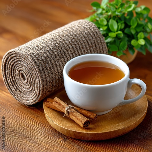White Ceramic Cup With Cinnamon Sticks And Coiled Fabric On A Wooden Tabletop