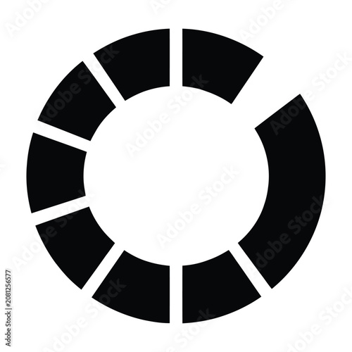 Stylized circular loading bar graphic element with seven black segments and white gaps on a transparent background symbolizing progress and completion in digital interfaces