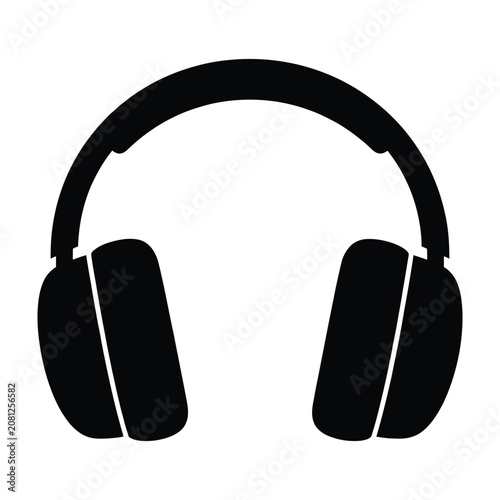 Stylized black silhouette of overear headphones viewed from the front against a plain background  a graphic representation of audio equipment