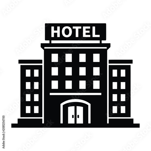 Vector illustration of a multistory hotel building with arched entrance and signage above