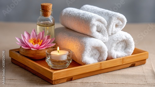 White Rolled Spa Towels With Pink Lotus Flower And Scented Candle On A Wooden Tray For Relaxation