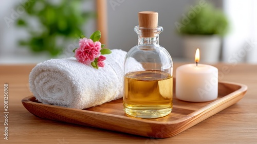 Aromatic Spa Essential Oil Bottle With White Rolled Towel And Lit Candle On A Wooden Tray