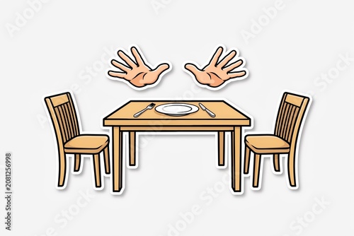 Dining Table with Empty Plate and Raised Hands Icon Representing Mealtime and Gratitude